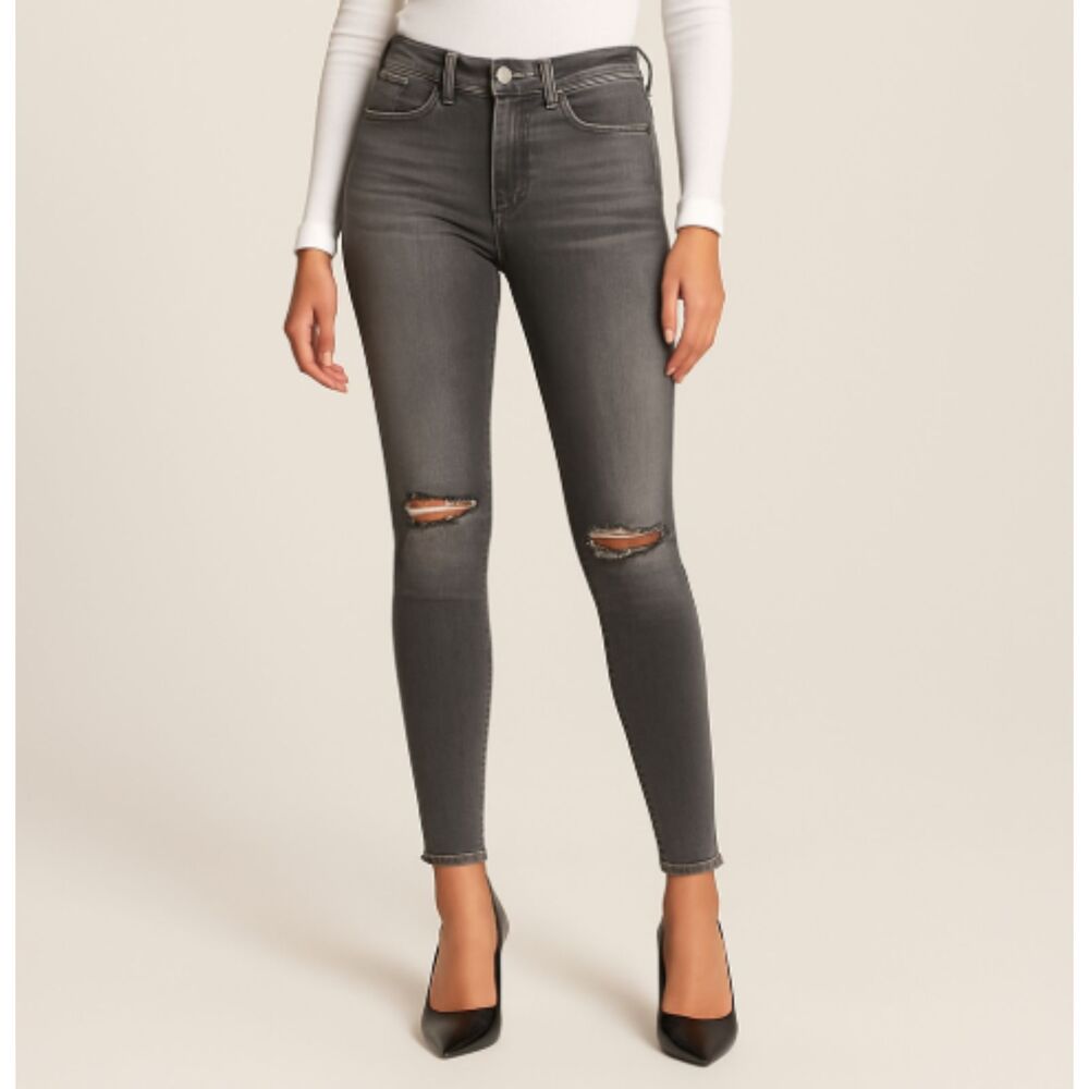 Abercrombie & Fitch Women’s High Rise Skinny Jeans Gray Distressed Knee Size 26
